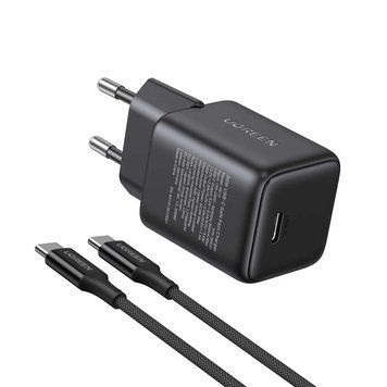 Настенное зарядное устройство UGREEN GaN с кабелем Type-C, 1*Type-C, 30 Вт QC4.0, X513, Черный 65012 фото