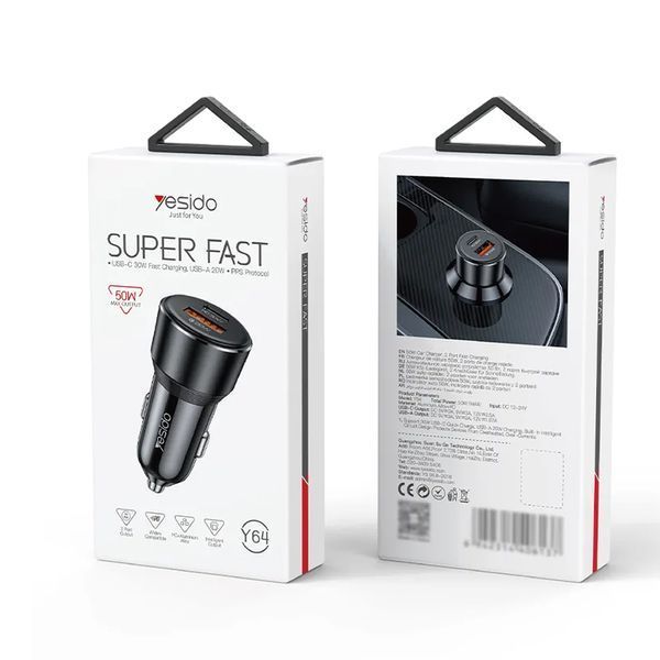 Yesido Car Charger Dual Port 1*USB-A+1*Type-C 50W Max 2.4A, Black Y64 foto
