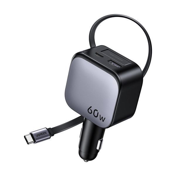UGREEN Автомобильное зарядное устройство 1*Type-C+1*USB-A с втягивающимся кабелем Type-C, 60 Вт, черный | EC602 55212B фото