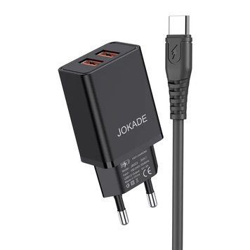 Настенное зарядное устройство Jokade с кабелем USB &mdash; Type-C, двойной порт, 5 А Yiyue, черный JOKWCTYDP5AYBK фото