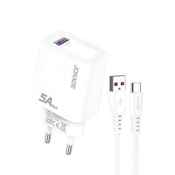 Настенное зарядное устройство Jokade 1*USB-A с кабелем USB-A на Type-C 5А, JB141, белый _ JB141WH фото
