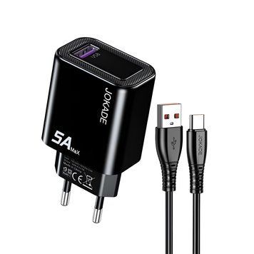 Настенное зарядное устройство Jokade 1*USB-A с кабелем USB-A на Type-C 5A, JB141, черный JB141BK фото