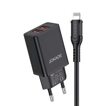 Настенное зарядное устройство Jokade с кабелем USB-A к двухпортовому порту Lightning JB024 3A, черный JB024WCCLIBK фото