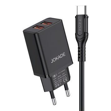 Настенное зарядное устройство Jokade с кабелем USB-A &mdash; Type-C, двойной порт JB024 3A, черный JB024WCCTYBK фото