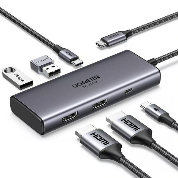 UGREEN HUB 6in1 USB-C to 2*HDMI(8K@30Hz)+2*USB-A3.0+USB-C3.0+PD(100W) | CM498, Space Gray 15852 foto
