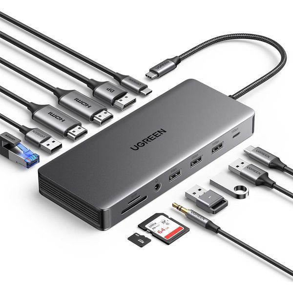 UGREEN HUB 13in1 USB-C to 2*HDMI(4K@60Hz)+DP+2*USB-A3.2+USB-C3.2+2*USB-A3.0+SD/TF+GigabitRJ45+3.5mm+PD(100W) | CM681, Space Gray 15978 foto