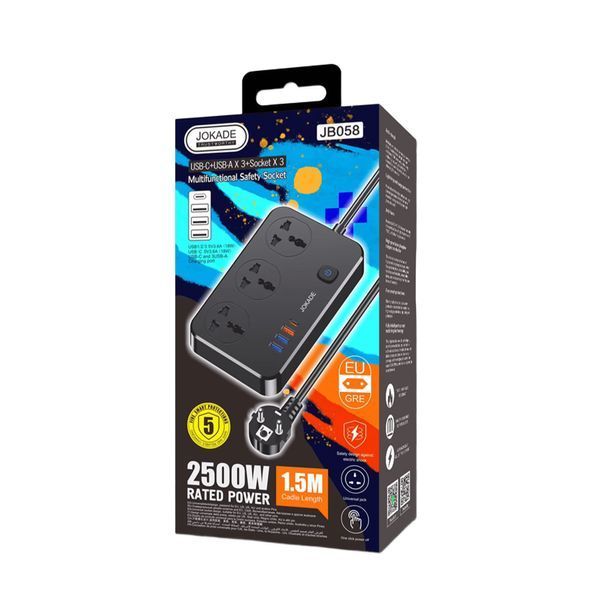 Jokade JB058 Универсальная розетка на 3 розетки с USB-портами 1C3A (вилка европейского стандарта), черная JB058 фото