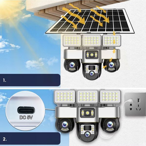 Solar Camera with Floodlight, 3 Lens PTZ, 15MP Ultra HD, 4G/Wi-Fi, 10X Zoom, Built-in Battery, APP V380 Pro, Black DW4GSC foto