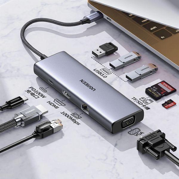 UGREEN HUB 9in1 USB-C to HDMI (4K@60Hz) + VGA+ 3*USB-A 3.0 + Gigabit RJ45 +SD/TF + PD 100W | CM498, Grey 15600 foto