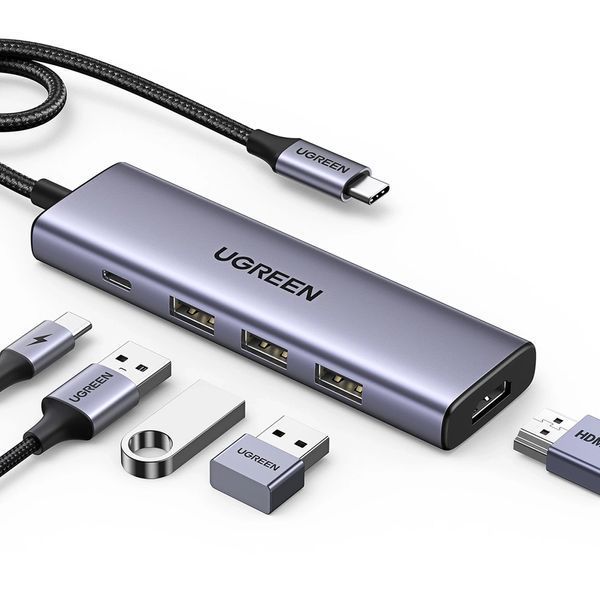 UGREEN HUB 5 в 1 от Type-C до 3 * USB 3.2 + HDMI 2.0 + устройство чтения карт SD + устройство чтения карт TF + USB Type-C PD 100 Вт | CM511, серый 15596 фото