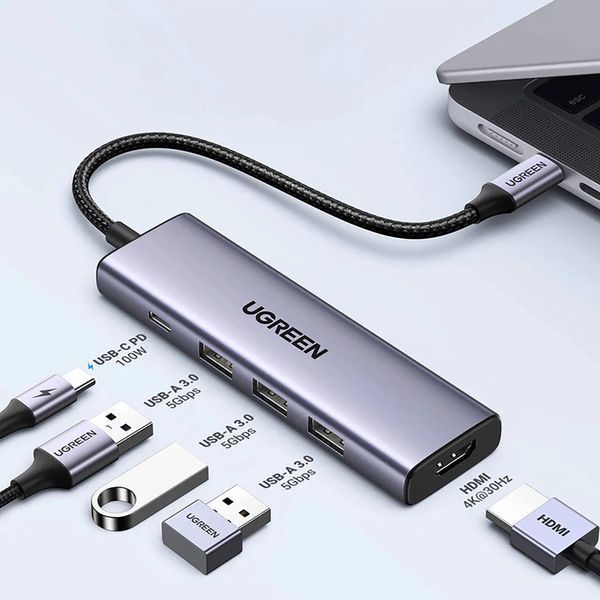 UGREEN HUB 5 в 1 от Type-C до 3 * USB 3.2 + HDMI 2.0 + устройство чтения карт SD + устройство чтения карт TF + USB Type-C PD 100 Вт | CM511, серый 15596 фото
