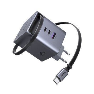 UGREEN GaN Быстрое зарядное устройство 2*Type-C + 1*USB-A с выдвижным кабелем Type-C, 100 Вт, черный | X616 65828 фото