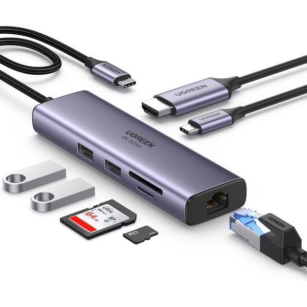 UGREEN HUB 7in1 USB-C To 4K@60Hz HDMI + 2*USB-A 3.0 + RJ45 Gigabit + SD/TF Card Slot + PD 100W | CM512, Grey 90568 foto