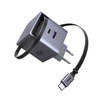 UGREEN GaN Quick Charger 1*Type-C + 1*USB-A с втягивающимся кабелем Type-C, 65 Вт, черный | X615 65825 фото