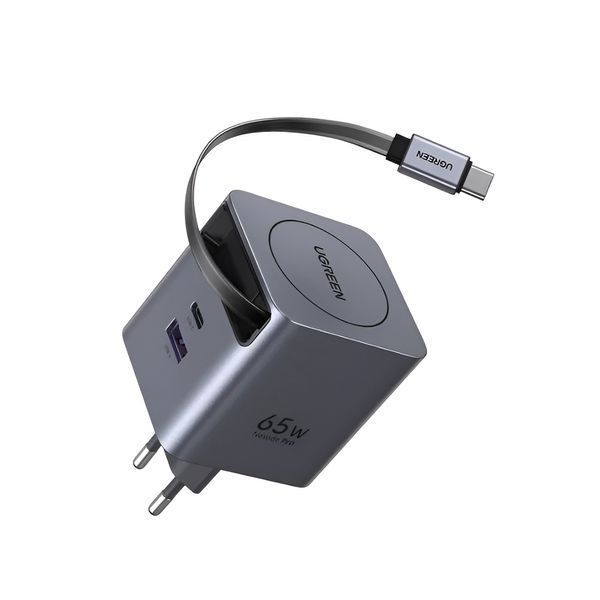 UGREEN GaN Quick Charger 1*Type-C + 1*USB-A with Cable Type-C Retractable, 65W, Black | X615 65825 foto
